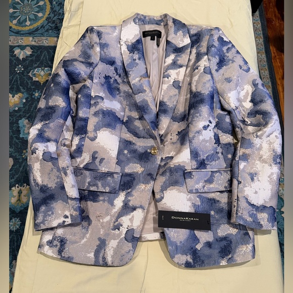 NWT Donna Karan New York Metallic Jacquard Blazer – Blue Abstract – Size 6